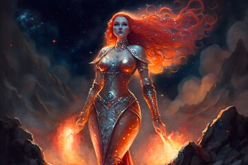 female figure of a burning celestial knight she is made up of stars is ethereal and is fading into the red and white galaxy sky behind her She has strong wide shoulders and is imposing and heroic 