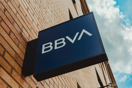 A close-up of the BBVA bank logo plaque on the brick facade of the building on June 16, 2023 in Segovia, Spain
