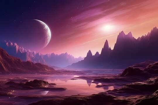 Fantasy landscape of alien planet with rocks. Alien planet surface illustration for computer game. Generated AI