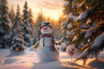 Obraz premium Snowman next to a house entrance in a winter Christmas scene with snow, pine trees, and warm light. Merry Christmas background.