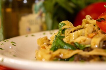 A closeup shot of a pasta in a white plate
