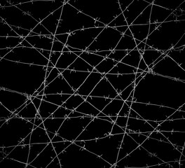 Old security barbed wire isolated on black background. Sharp military security fence. Closeup image. crossed Lines of barbed wire on black background. concentration camp.