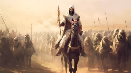 Naklejka premium ancient arab background design, moments soldiers arabian before entering the battleground