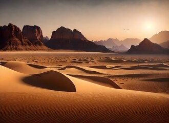 Fototapeta na wymiar Middle Eastern desert at sunset with red sand and towering mountains - Generative AI