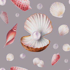 Watercolor seamless pattern with shells and pearls. Hand painting clipart underwater life objects on a white isolated background. For designers, decoration, postcards, wrap