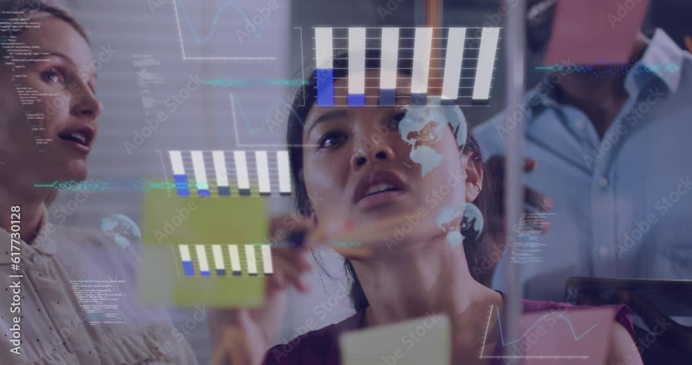 Poster animation of data processing against diverse colleagues discussing over memo notes at office