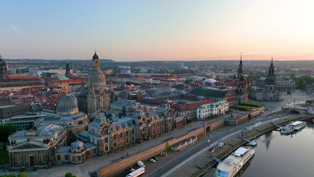Aerial view in Dresden old town on Elbe river .Drone shot of the center of the Saxony state capital Dresden , Germany