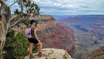 Woman next to old dry tree with scenic aerial view from Skeleton Point on South Kaibab hiking...