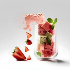 Smoothing menu image A Smoothie mixure blened in a cylinder glass cup ingredients include Watermelon and Strawberry white background food photography close shot of product placement Cannon 5D leica 