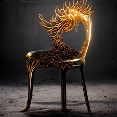 surrealistic image of a single chair metal chair back mystic animals on de chair back 8k high detail steel color cinematic lighting 