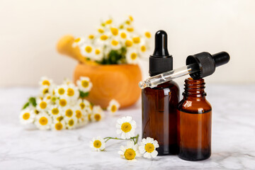 Chamomile essential oil.Glass bottle with chamomile essential oil on a marble background. Chamomile flowers, close up. Aromatherapy, spa and herbal medicine ingredients. Space for copy. Beauty concept