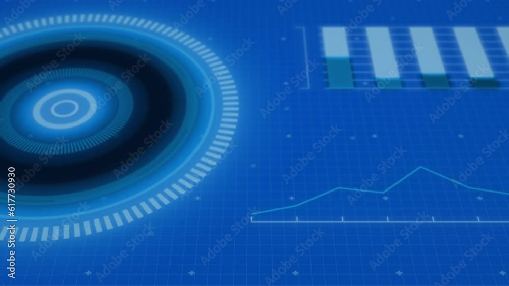 Poster animation of interface with round scanner and data processing against blue background