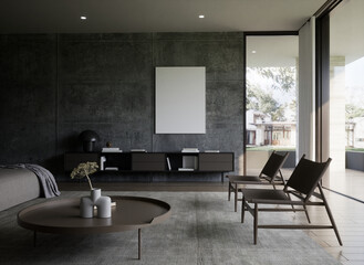 modern living room with sofa, table, tv stand and black mockup frame 