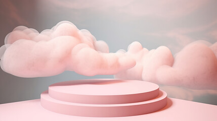 background with empty podium and clouds, beauty cosmetic product presentation backdrop 