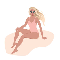 beautiful young woman in swimsuit and sunglasses on the beach. Flat lay of beach, traveling accessories. Girl sunbathing on the sand. vacation. Seaside. 