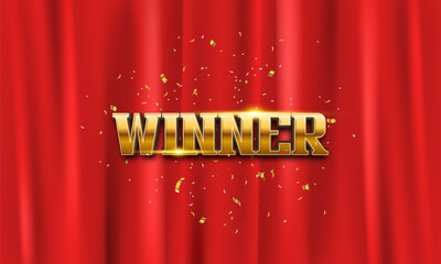 Winner logo with confetti on red curtain background. Number one. Vector illustration.