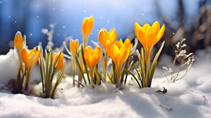 Fototapeta na wymiar The first spring flowers yellow crocuses on the snow