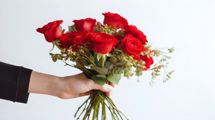 Fototapeta na wymiar hand holding bouquet of red rose on isolate white background created with Generative AI