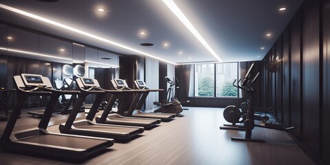 Fototapeta na wymiar AI Generated. AI Generative. Fit gym sport room inside with treadmilll run machine. Cardio workout exercise health vibe. Graphic Art