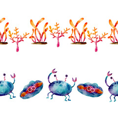Watercolor Underwater Creatures Vector Seamless Horizontal Borders Set