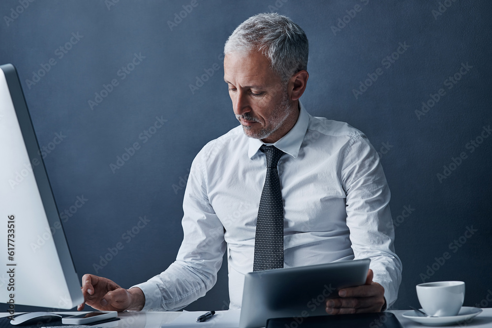 Poster Tablet, computer and business man in office online for social media, internet and browse website at desk. Networking, corporate worker and mature male person on digital tech for ideas and planning
