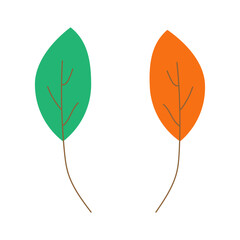 Icon set two autumn leaves green and orange isolated on transparent and white background. Doodle close-up element for design decoration. Bright hand drawn vector illustration in cartoon and flat style