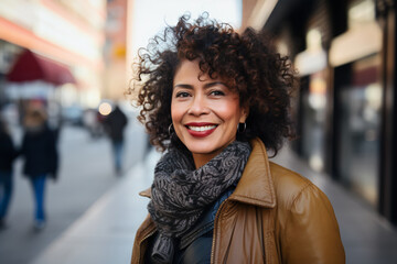 Portrait of a confident, smiling middle-aged Hispanic woman in her 40s or 50s, radiating positivity outdoors, showcasing Latin American pride, generative ai