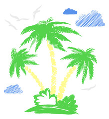 Fototapeta na wymiar Beach palms childish drawing. Color crayon summer sketch