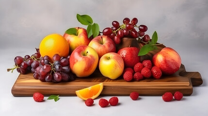 mix fruit on chopping board top view created with Generative AI