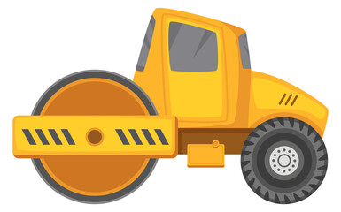 Road compactor icon. Cartoon construction machine side view