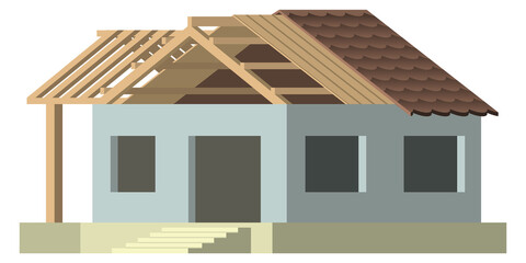 Ubfinished house. Suburban construction site. Roof framework