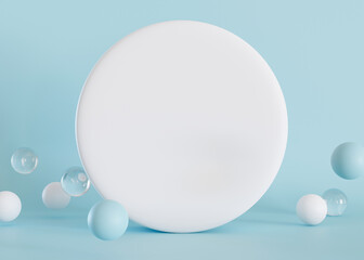 Blue background with 3d spheres and empty space for text. Blank white circle shape with copy space. Place here your advertising, announcement, logo. 3D rendering.