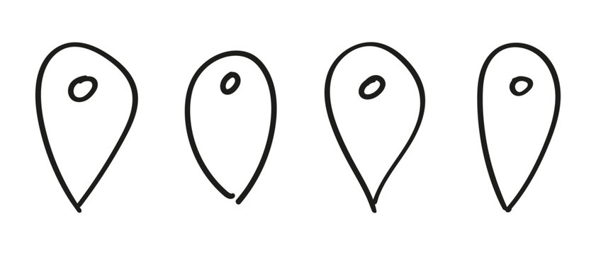 Doodle pin location icon. Hand drawn map pointer marker. Navigation sign, place location, geo-tag label.Vector isolated illustration