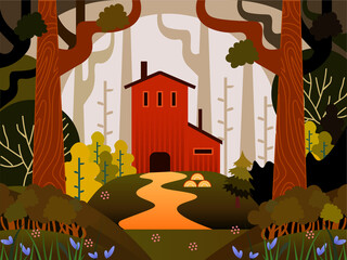Cartoon landscape with lumbermill in the forest. Flat design