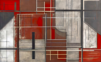 Constructivism weathered grungy industrial style abstract art background or cover template. Blocks of red and light grey shapes framed with thick straight outlines.