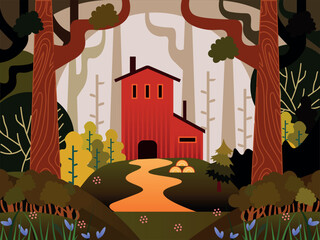 Autumn forest landscape, flat design, lumner mill, vector illustration