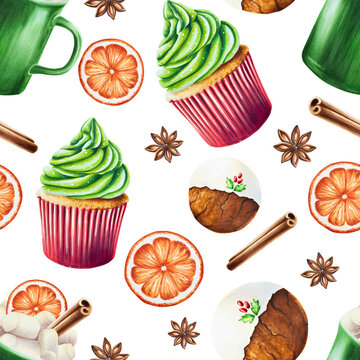 Watercolor Christmas seamless pattern with cup of hot drink, gingerbread cookie, cinnamon, anise and sweet muffin with cream. New year hand painting green mug isolated on white background. For 