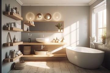 Naklejka na ściany i meble Interior of a bathroom on a sunny day. two shelves, a lamp, a sink, and a bathtub. Interior design concept. Toned picture. a mockup. Generative AI