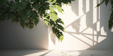 White wall with a green plant near it and a shadow.