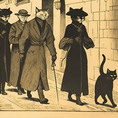 Cat detectives walking the streets with black catscomicbook comicbook drawing da vinci etching1920s 