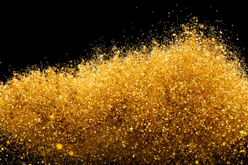 Explosion metallic gold glitter sparkle. Golden Glitter powder spark blink celebrate, blur foil...