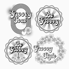 Circular retro labels with text, chamomile flowers, radial halftone beams, halftone shapes. Concept of positivity, love and harmony. Groovy, hippie style. Illustrations on white background.