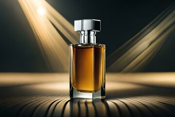 Perfume bottle with dark background and soft lights in golden tones. Created with generative Ai technology.