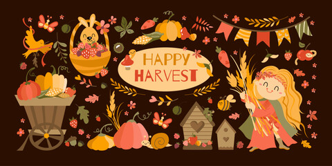 Harvest Festival Set. Hand drawn lettering phrase and Happy harvest symbols.