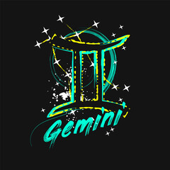 Grunge label with icon of zodiac sign Gemini with constellation, text, paint splatter, smudge, brush strokes. Horoscope esoteric element of the element of air. For decoration in street style