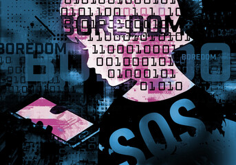 SOS  warning, Little child with Mobile phone.
 Child stylized head silhouette with binary codes and boredom inscription. Social networks and computer game addiction concept.