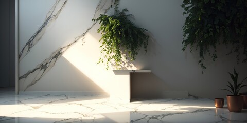 White wall with a green plant near it and a shadow.