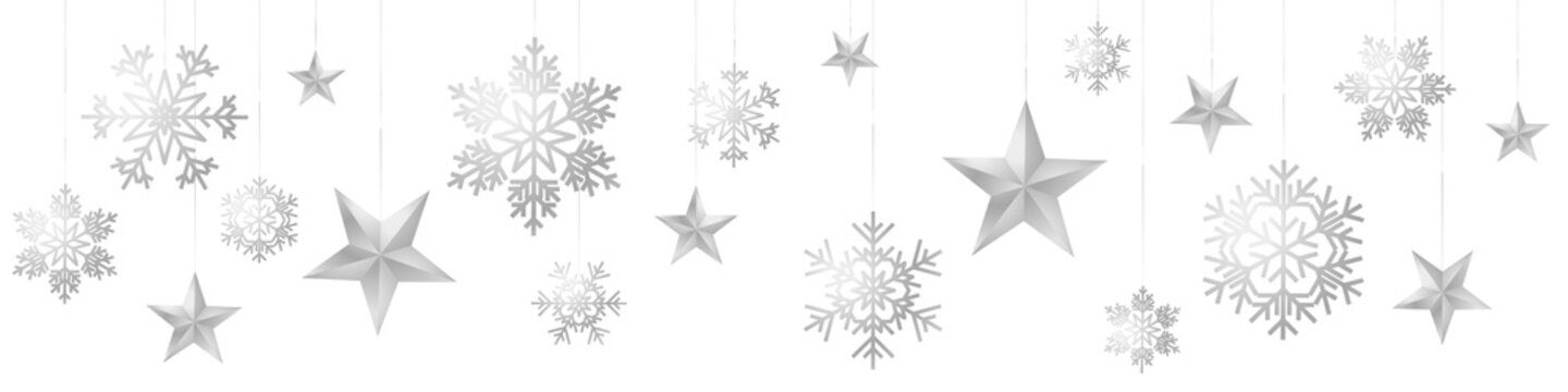 Seamless winter christmas pattern with sumptuous hanging silver colored snowflakes and stars on background.