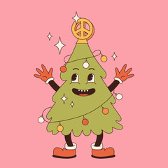 Groovy hippie Christmas. Rainbow, Christmas tree in trendy retro cartoon style. Merry Christmas and Happy New year greeting card, poster, print, party invitation, background.