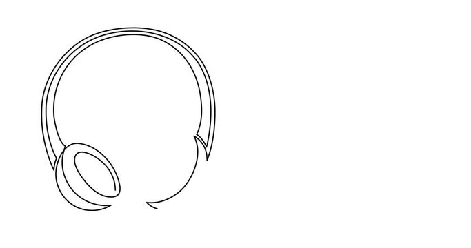 Headphone with treble clef and musical note one line art animation,hand drawn device gadget continuous contour motion.Listening music wireless online concept outline,audition technology for songs 